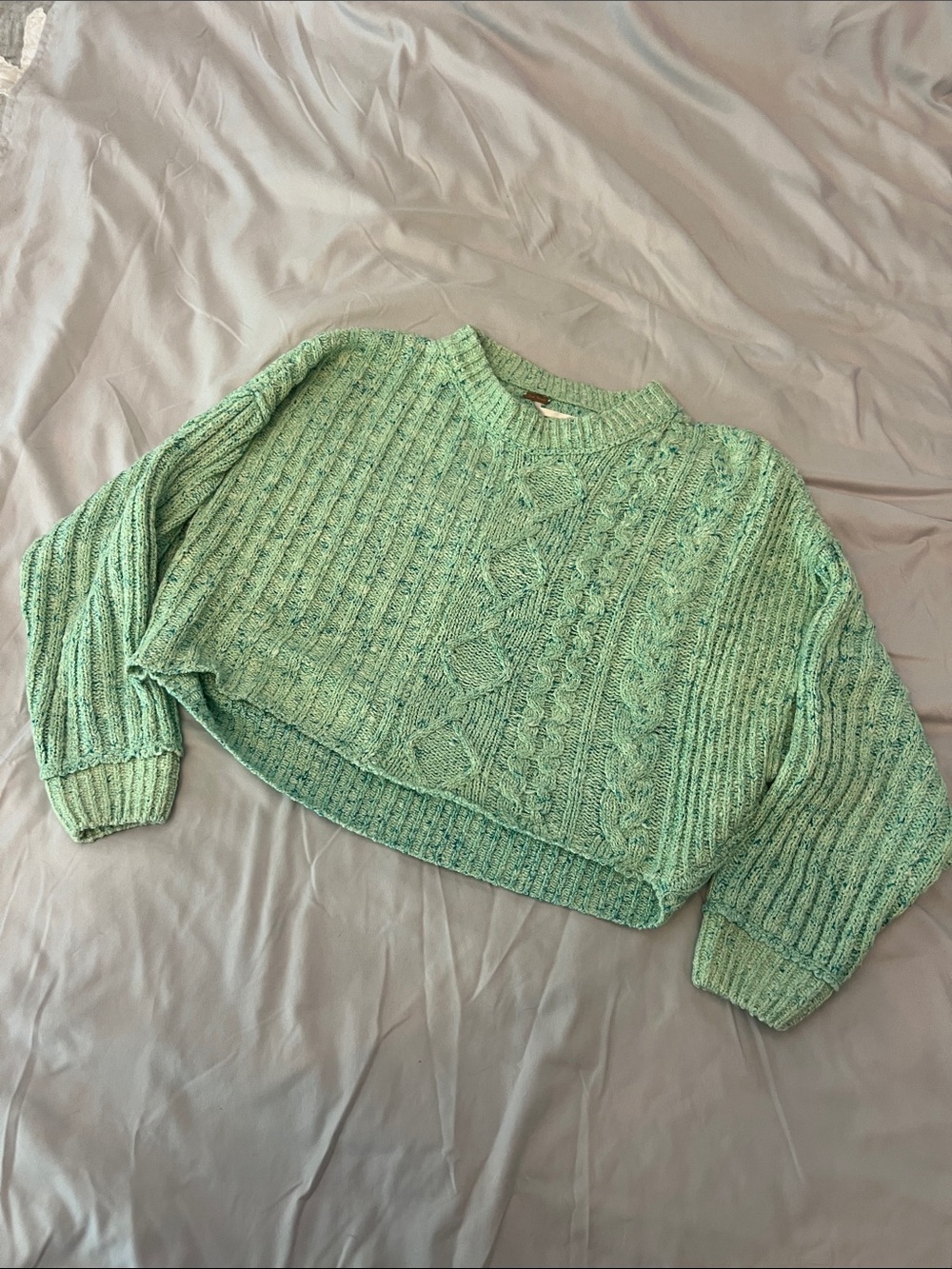 Free People Cropped Cable Knit Sweater - Mint Green